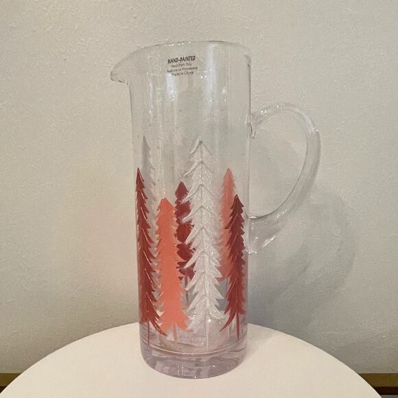 Hand-Painted Glass Pitcher Pink and White Christmas Pine Tree Forest New RARE - Picture 10 of 16